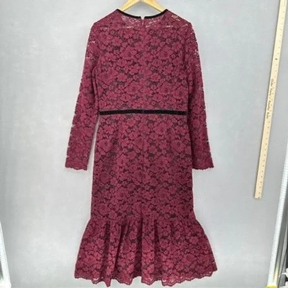 Maggy London Plum Wine Red Lace Fluted Midi Long Sleeve Dress Velvet Belt SZ 14 - Picture 2 of 9